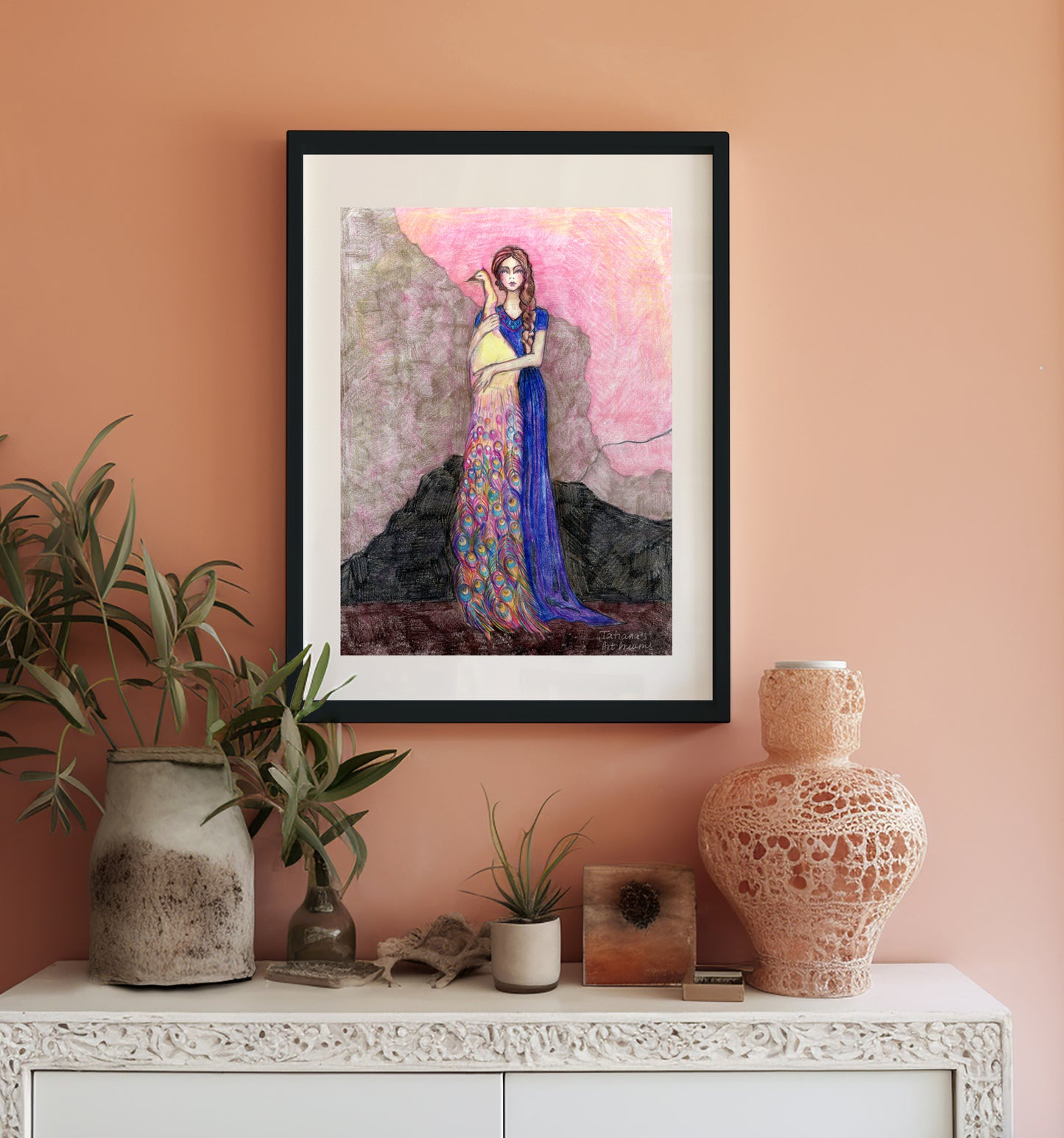 Girl with Peacock. Art Print