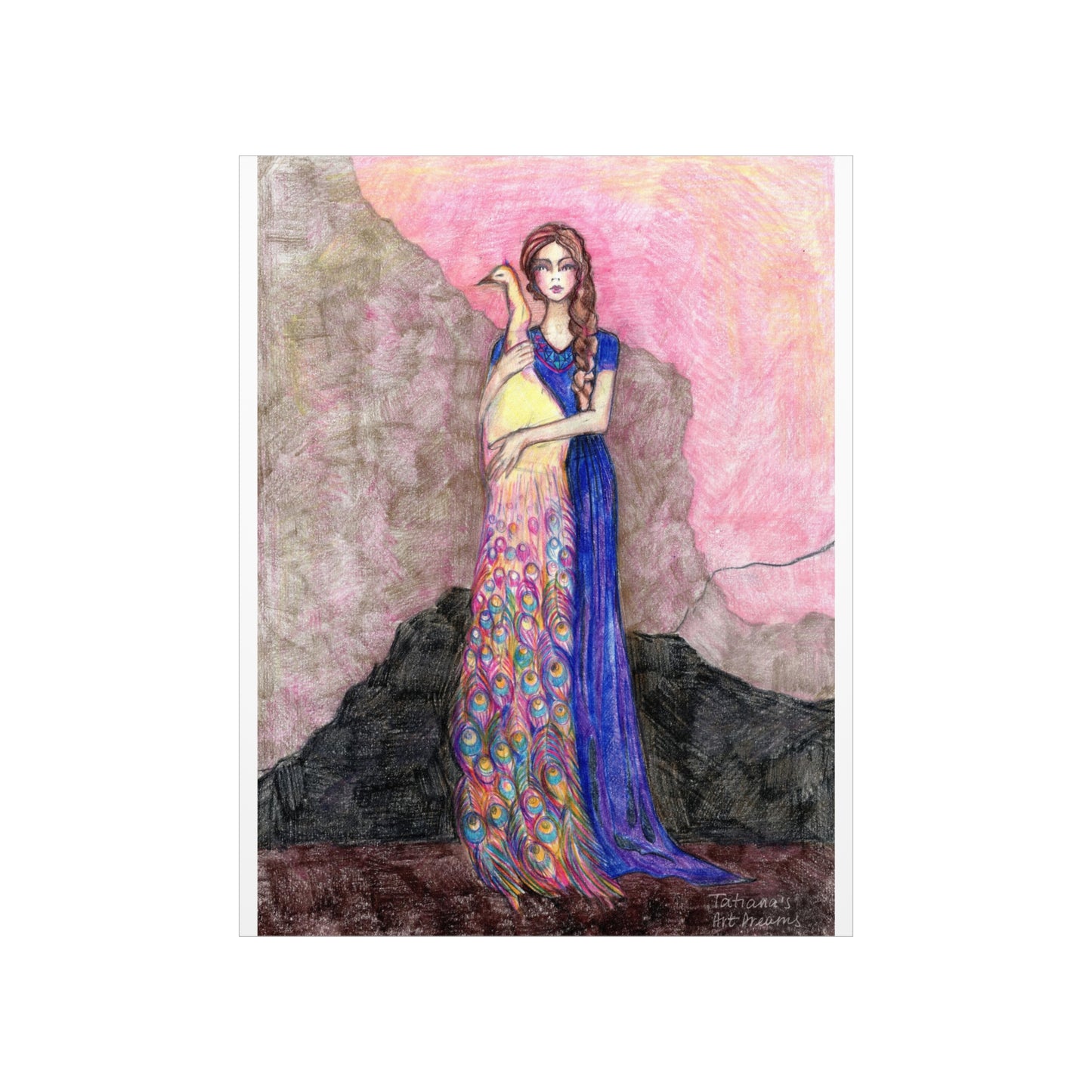 Girl with Peacock. Art Print