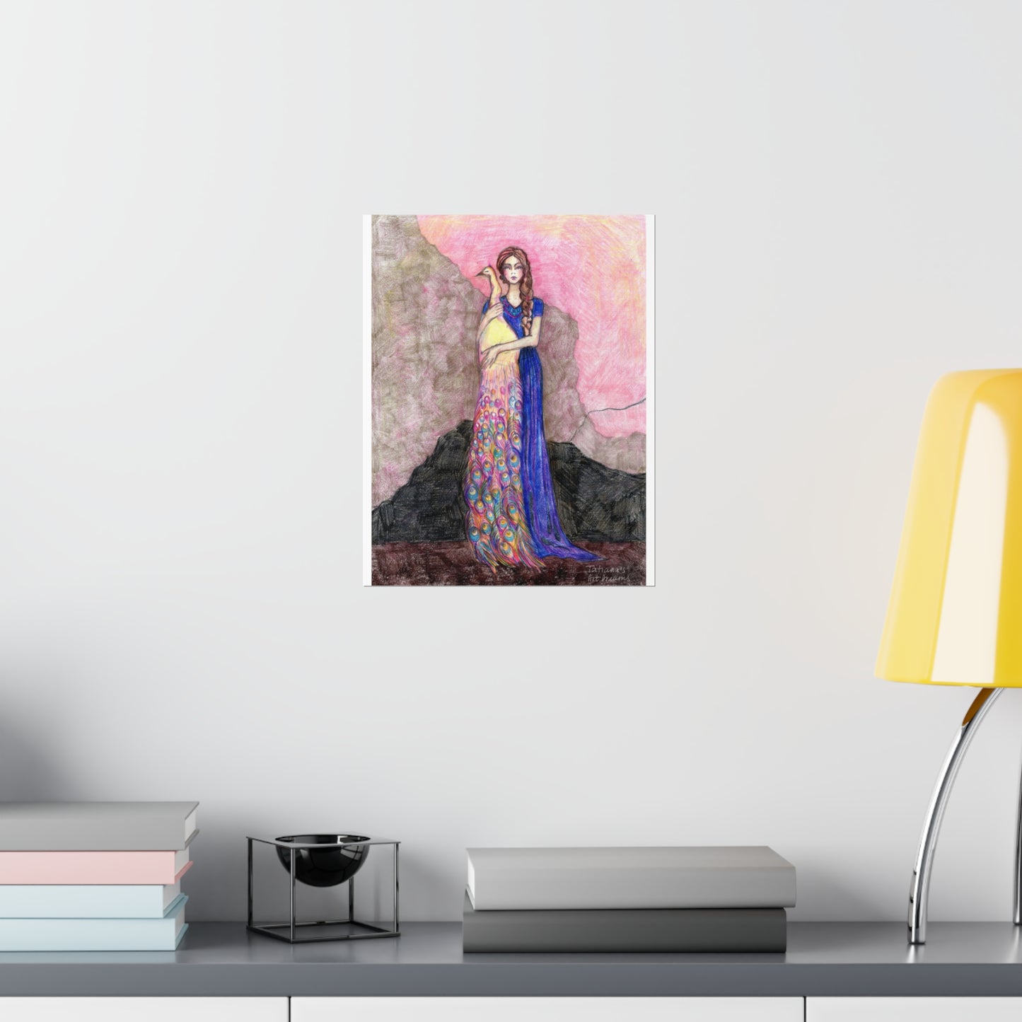 Girl with Peacock. Art Print