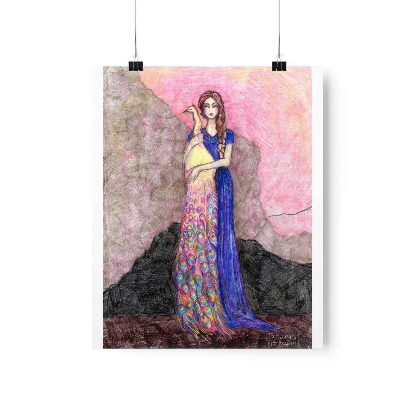 Girl with Peacock. Art Print